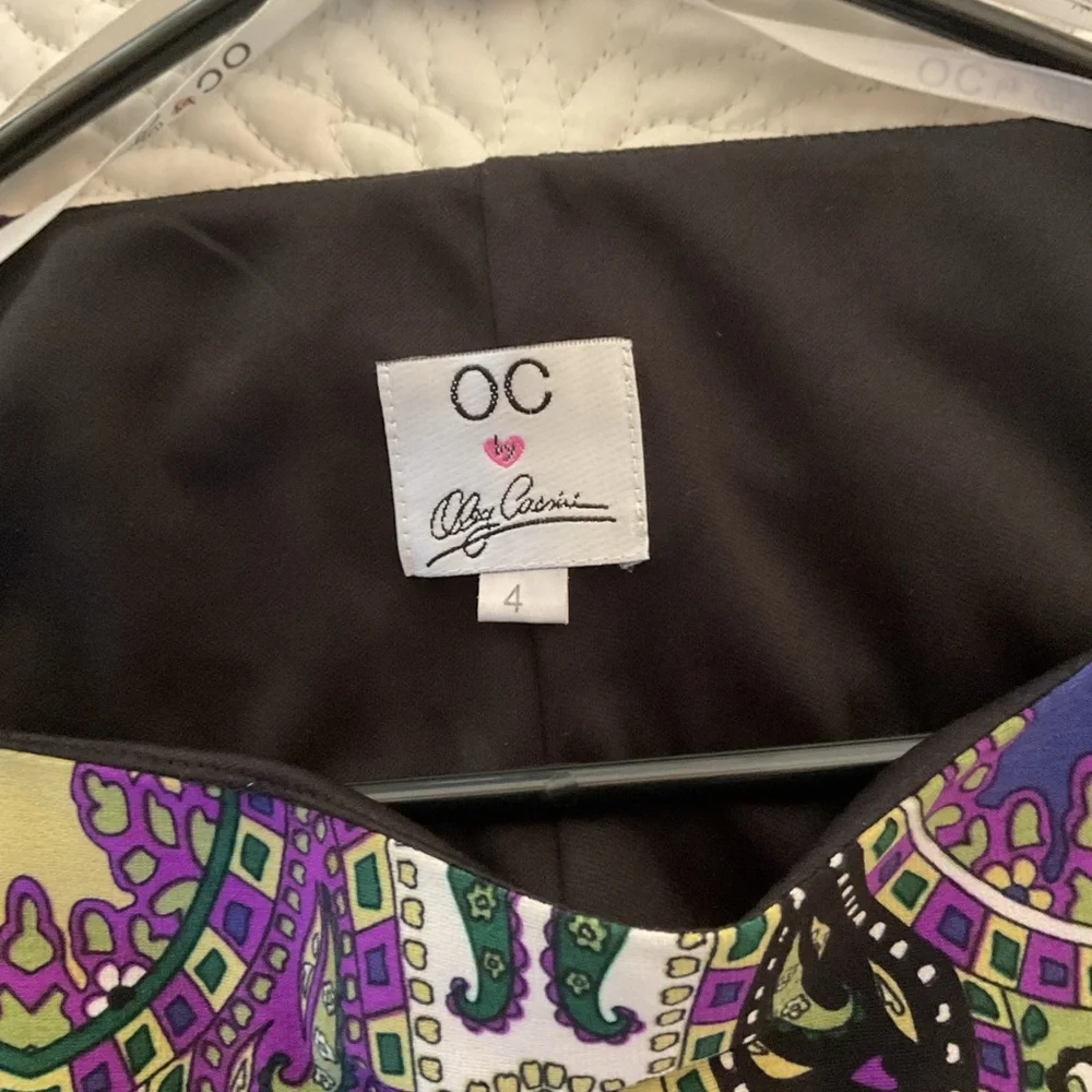 OC by Oleg Cassini Purple, Black & Green Long Sleeve Printed Dress - Picture 4 of 7